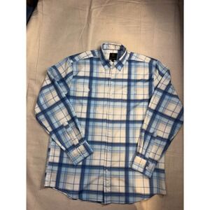 FX Fusion‎ Men's Long Sleeve Plaid Button Up Shirt Size L Blue White Casual